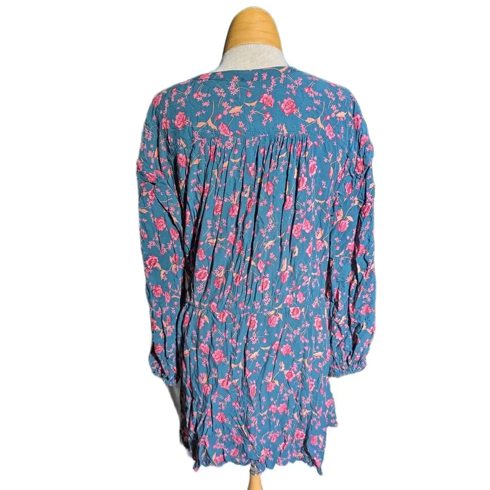 Free People Flower Fields Emerald Green Pink Floral Print Button Up Mini Dress S